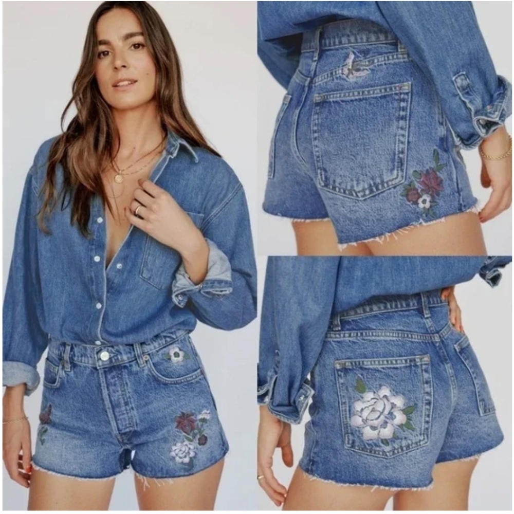 Reformation Floral Fauna Embroidery Charlie High Rise Jean Shorts Size 30